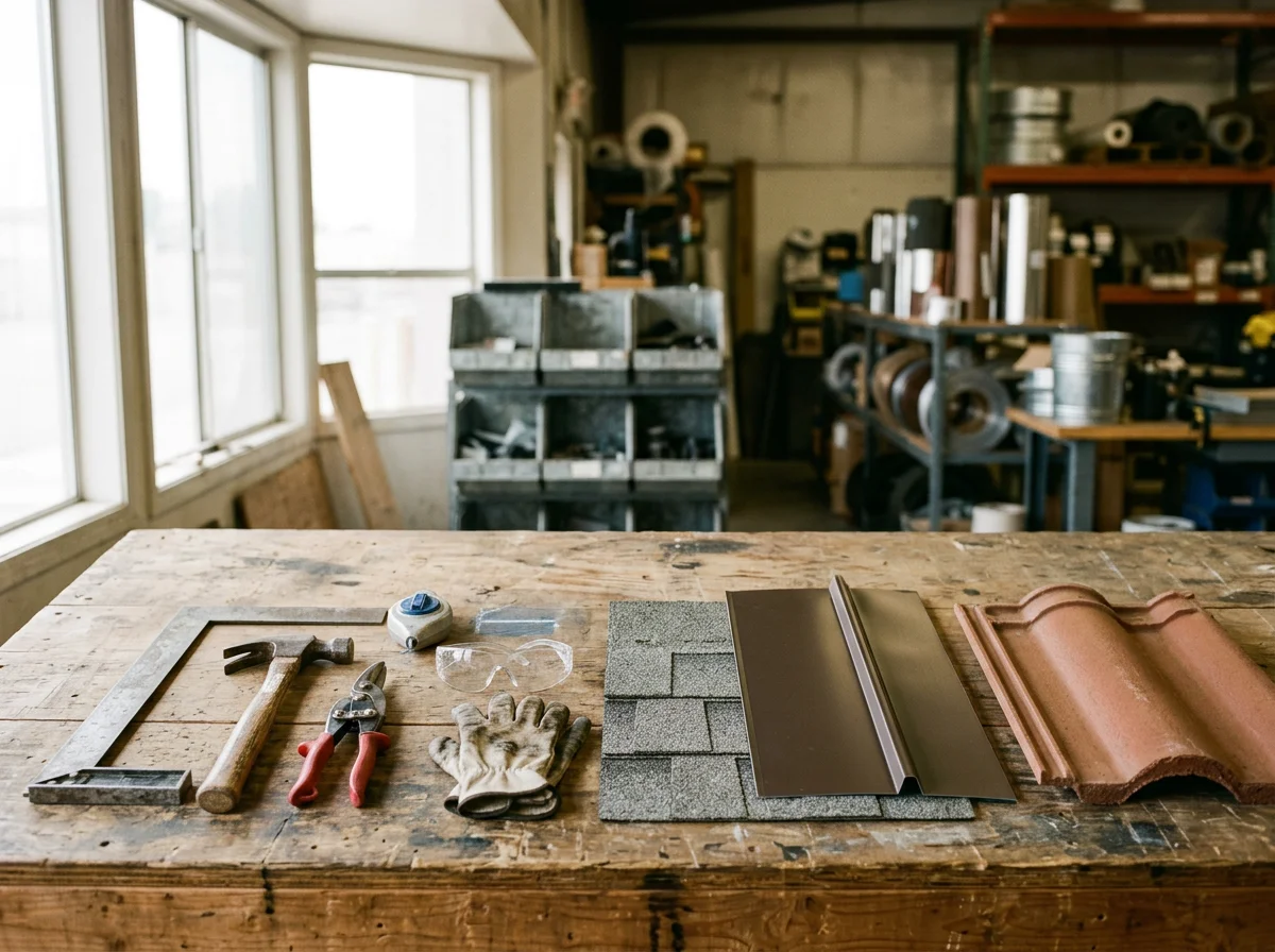 Roofing tools and materials staged on a work surface, showing the equipment used for metal, shingle, and tile roof installations.