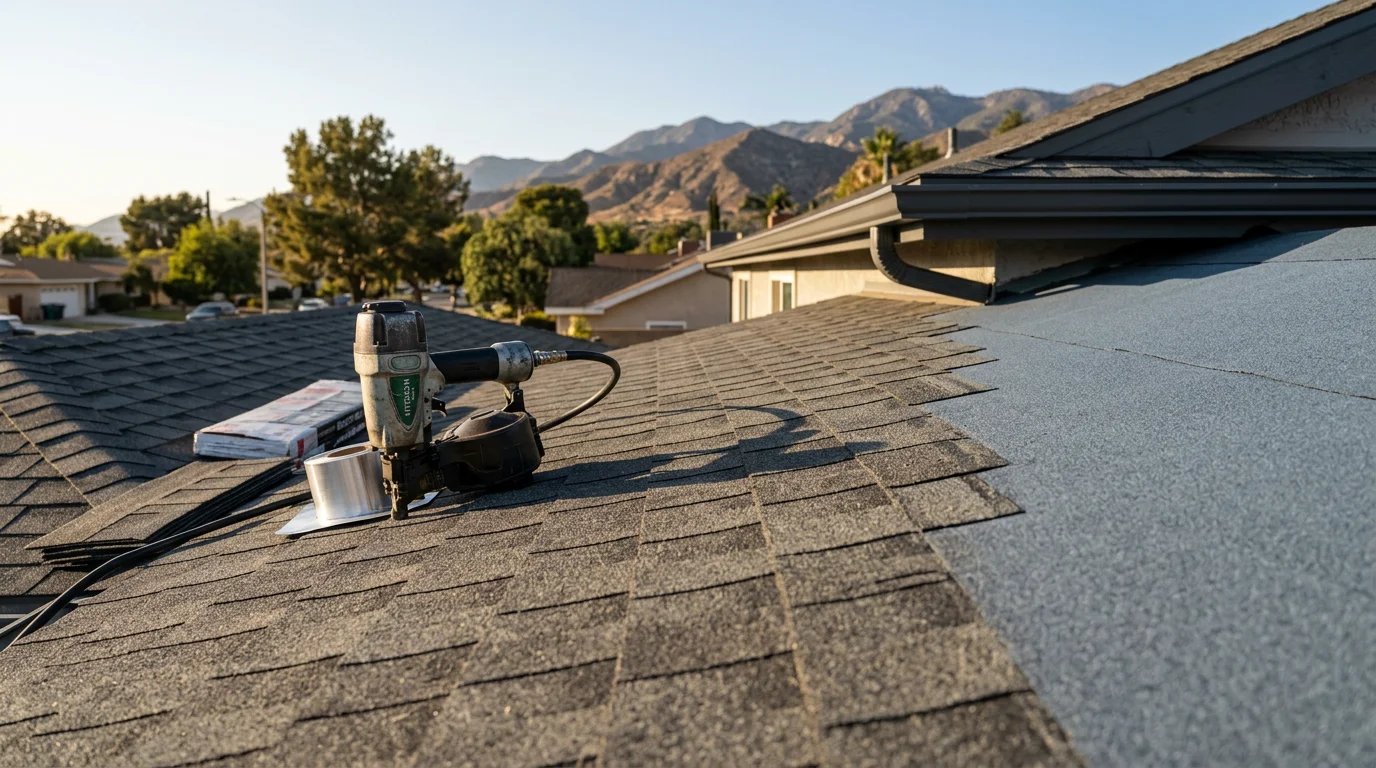 Residential roof installation with standing seam metal roofing material