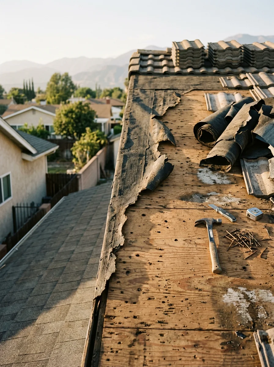 Portrait view of a Fontana concrete tile re-roof showing the old felt underlayment being removed from the deck, exposing the plywood sheathing before new underlayment and tile installation.