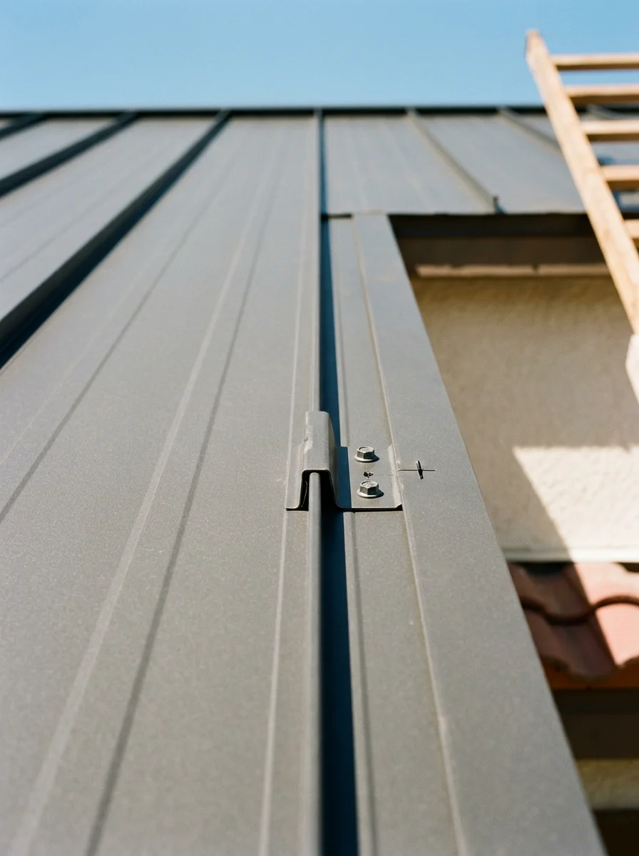 Close-up portrait of a standing seam metal roof panel being installed on an Inland Empire home, showing the interlocking seam detail against a clear blue sky.