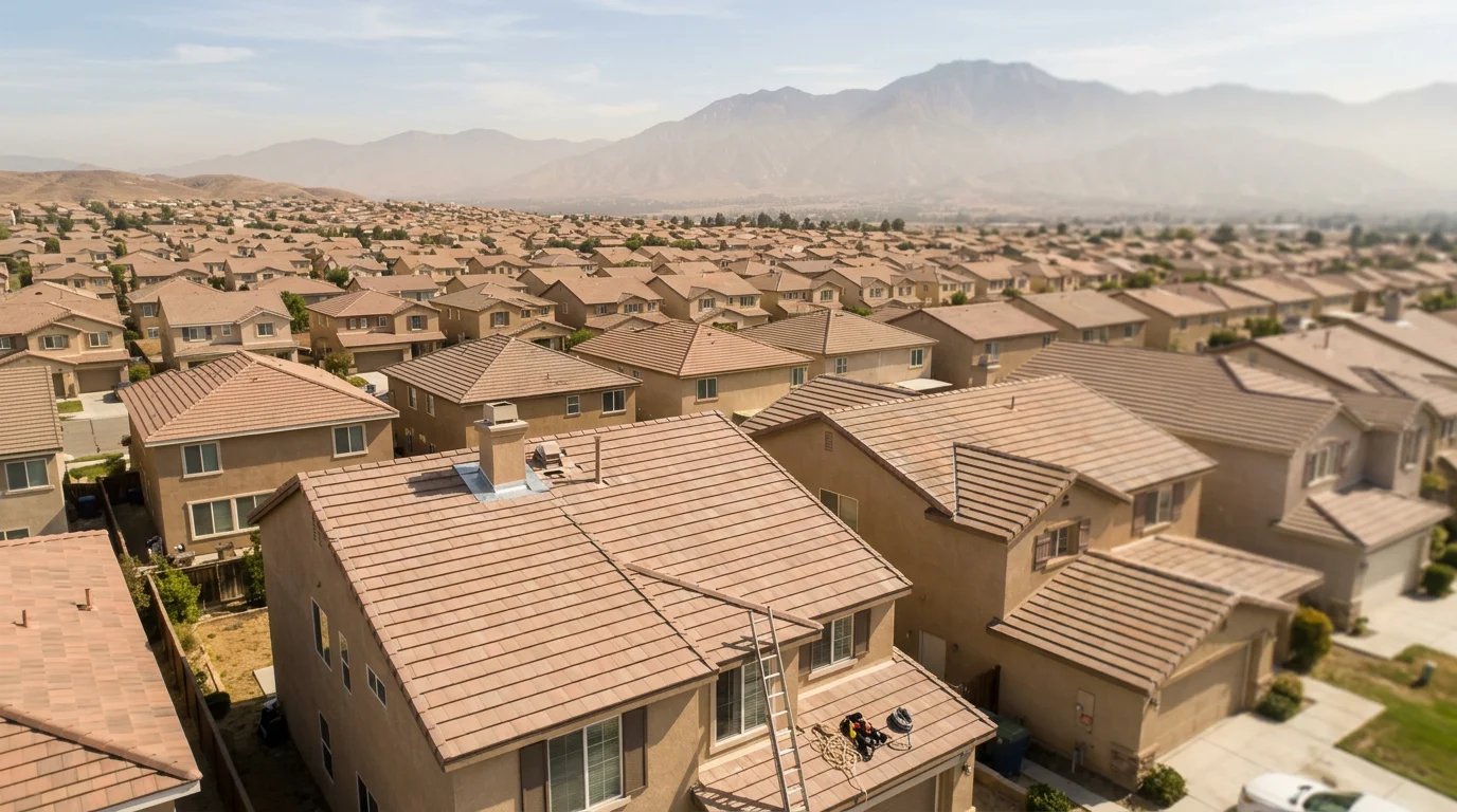 Wide aerial view of an Inland Empire residential neighborhood showing concrete tile rooftops on 1990s-era tract homes with the San Bernardino Mountains visible in the background.