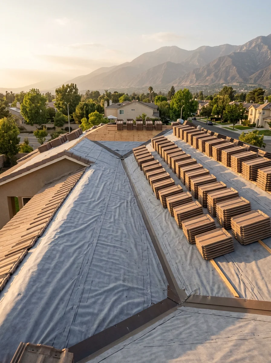 Portrait view of a concrete tile re-roof in progress in Rancho Cucamonga, showing new underlayment being installed on the deck with stacked tile waiting to be reset.