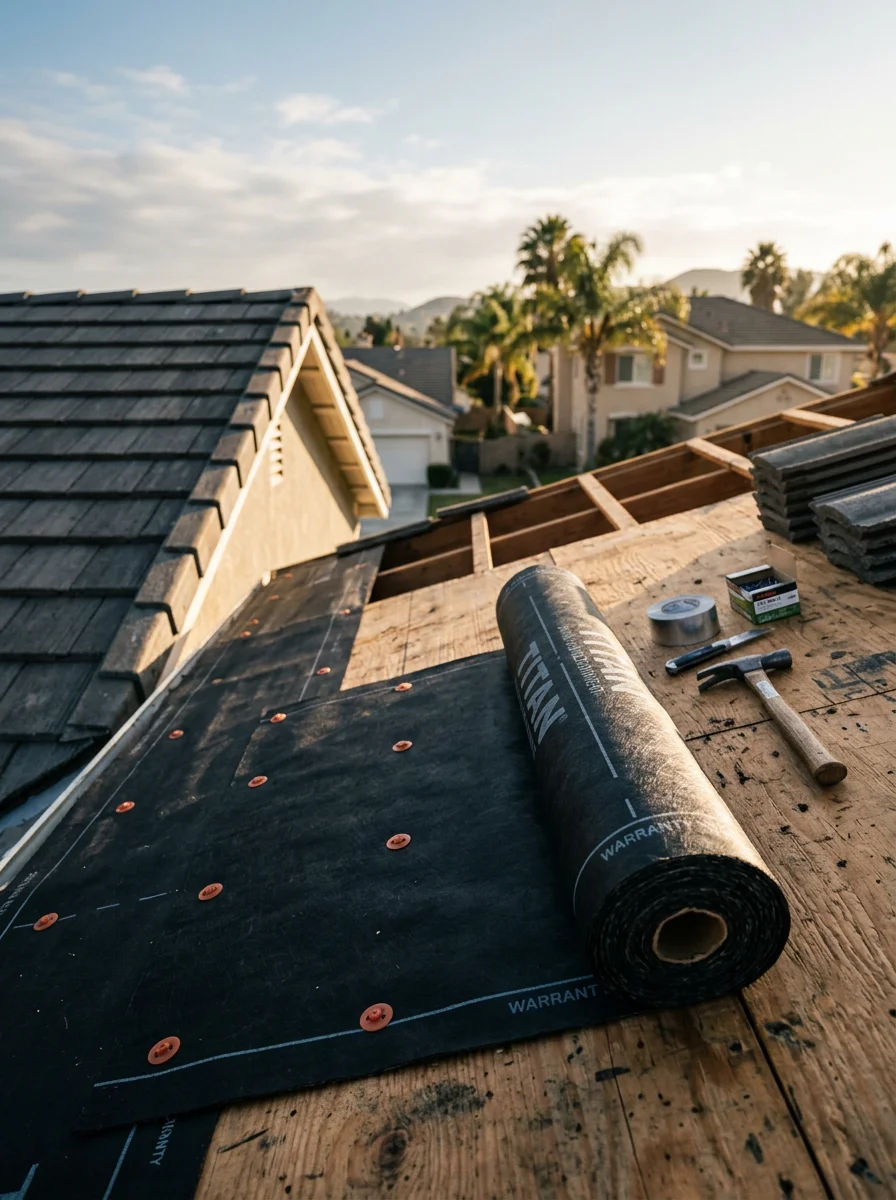 Portrait shot of a concrete tile roof in Riverside mid-installation, showing the new underlayment layer being rolled out across the plywood deck before tile is reset.
