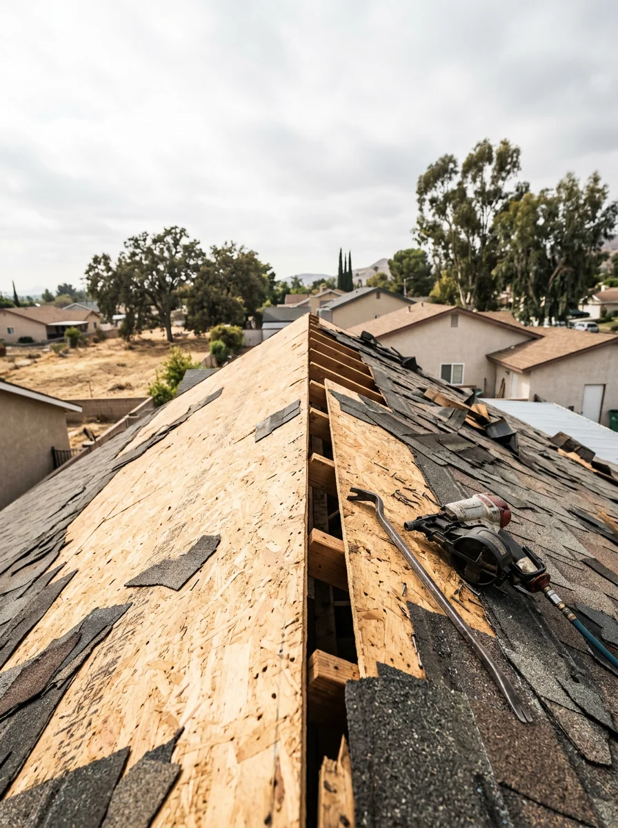 Portrait view of a residential shingle re-roof in progress in San Bernardino, showing the tear-off stage with old shingles removed and the wood deck exposed for inspection.
