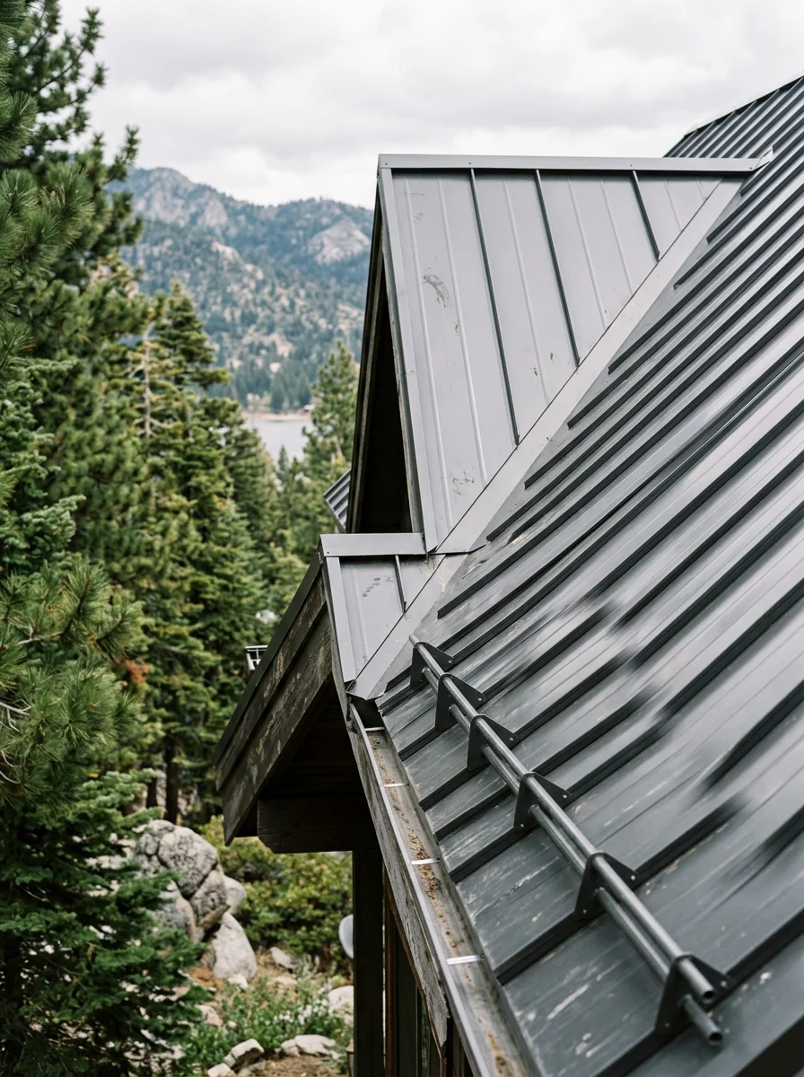 Portrait view of a standing seam metal roof installation on a mountain home near Big Bear Lake, showing the vertical panel seams and snow guards against a pine forest backdrop.