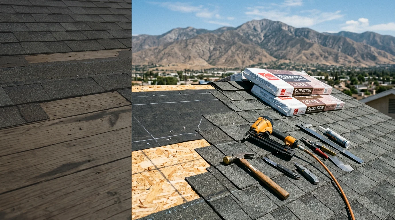 Freshly installed asphalt shingle roof on a residential home in the Inland Empire, showing uniform shingle coverage and clean ridge line against a clear Southern California sky. Close-up view highlights the shingle texture and properly sealed flashing along the roof edge.