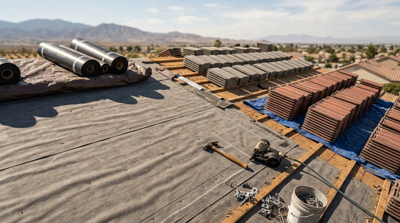 A completed concrete tile roof replacement on a single-family home in the Inland Empire, showing uniform new tile across the full roof plane with finished ridge caps. Fresh underlayment and clean tile lines are visible from street level against a clear Southern California sky.