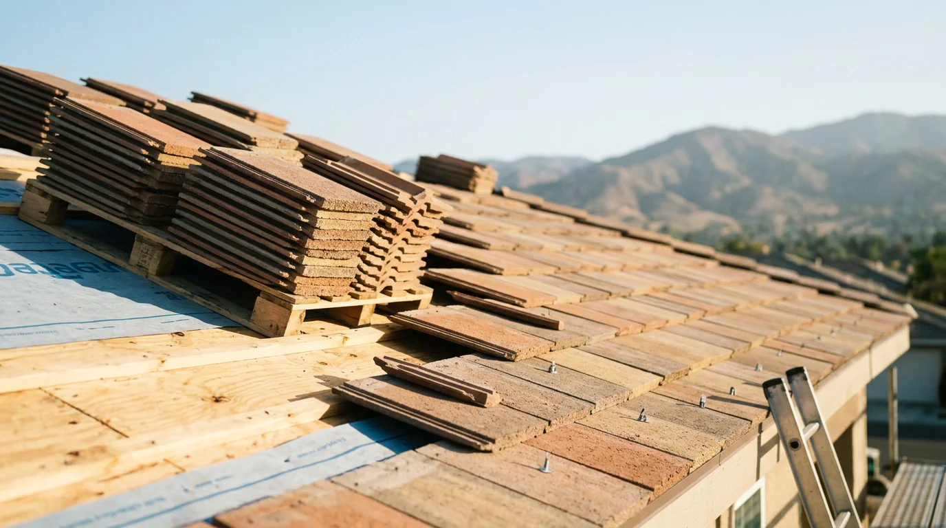 A completed concrete tile roof installation on a residential home in the Inland Empire, showing uniform tile layout across the full roof plane with clean ridge and hip lines. The surrounding landscape reflects the dry, sun-exposed conditions typical of Southern California's inland communities.