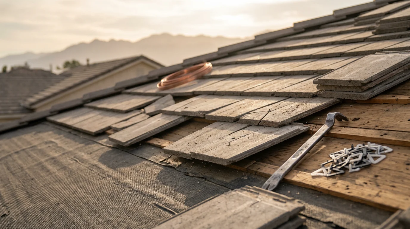Close-up view of a repaired concrete tile roof on a residential home in the Inland Empire, showing reset ridge cap tiles and sealed flashing at a roof valley. The surrounding neighborhood features stucco homes typical of Inland Empire tract construction.