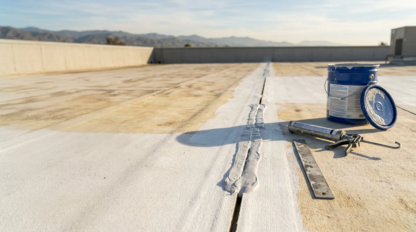 A flat roof on a commercial property in the Inland Empire showing a freshly applied waterproofing layer with sealed seams and clear drain openings. The surrounding landscape reflects the dry, sun-exposed conditions typical of the San Bernardino region.