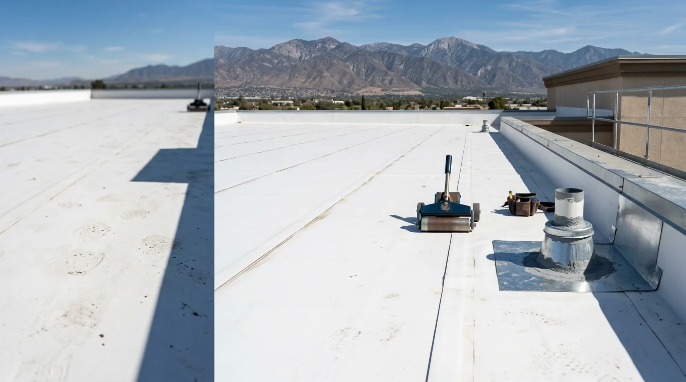 A freshly installed low-slope membrane roof on a commercial building in the Inland Empire, showing smooth, continuous membrane surface with sealed drain collars and finished parapet edges. The light-colored membrane surface reflects the intense Southern California sun across the flat roof field.