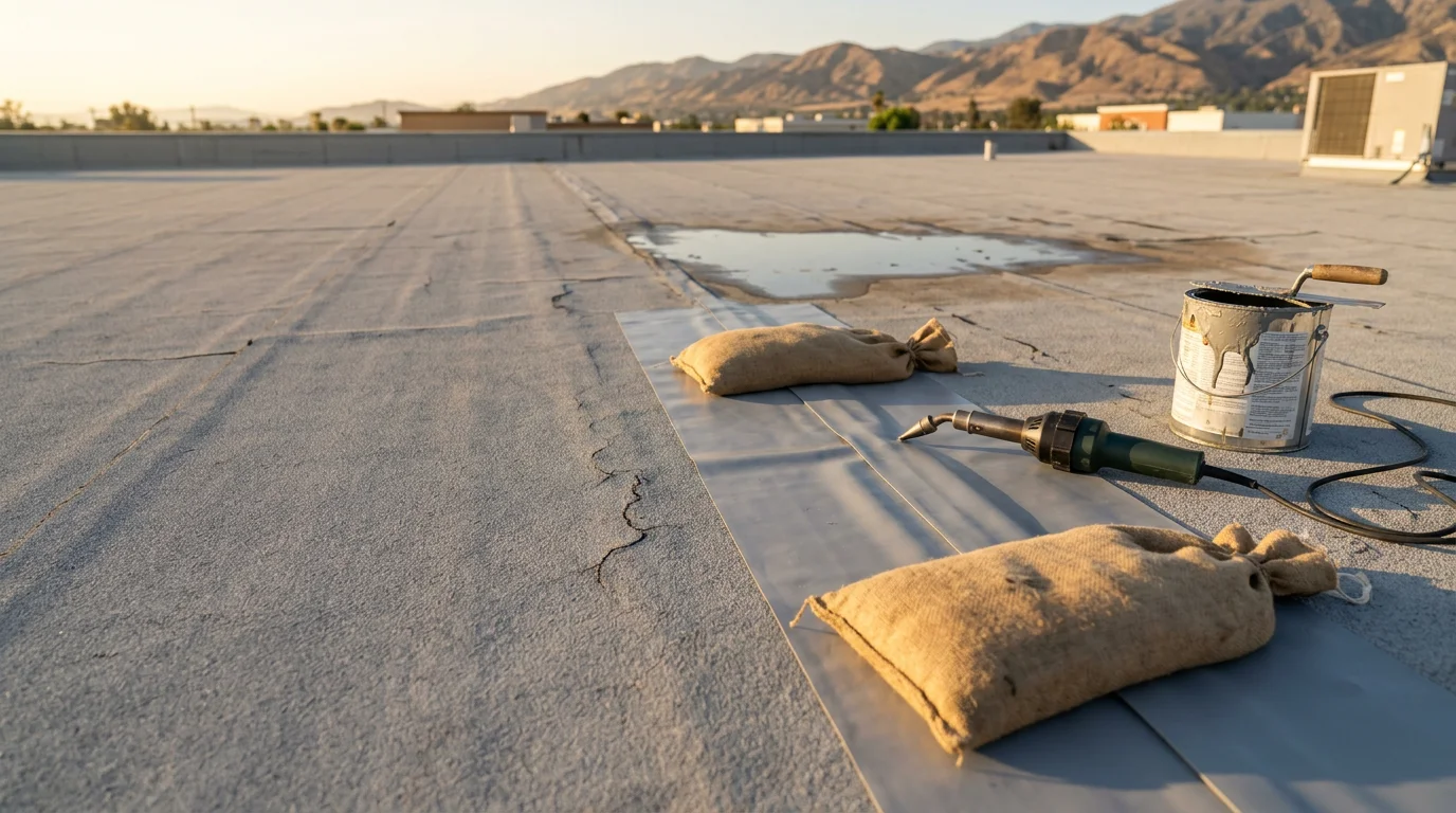 A repaired low-slope membrane roof on a residential property in the Inland Empire, showing sealed seams and smooth membrane surface under clear Southern California sky. Close-up view highlights the completed repair area against the surrounding flat roof field.