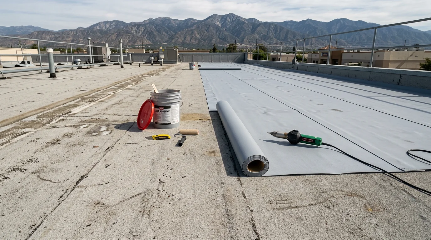 A newly installed low-slope roofing membrane on a residential property in the Inland Empire, showing a clean flat roof surface with sealed edges and proper drainage slope. The surrounding landscape reflects the dry, sun-exposed conditions typical of the San Bernardino valley floor.