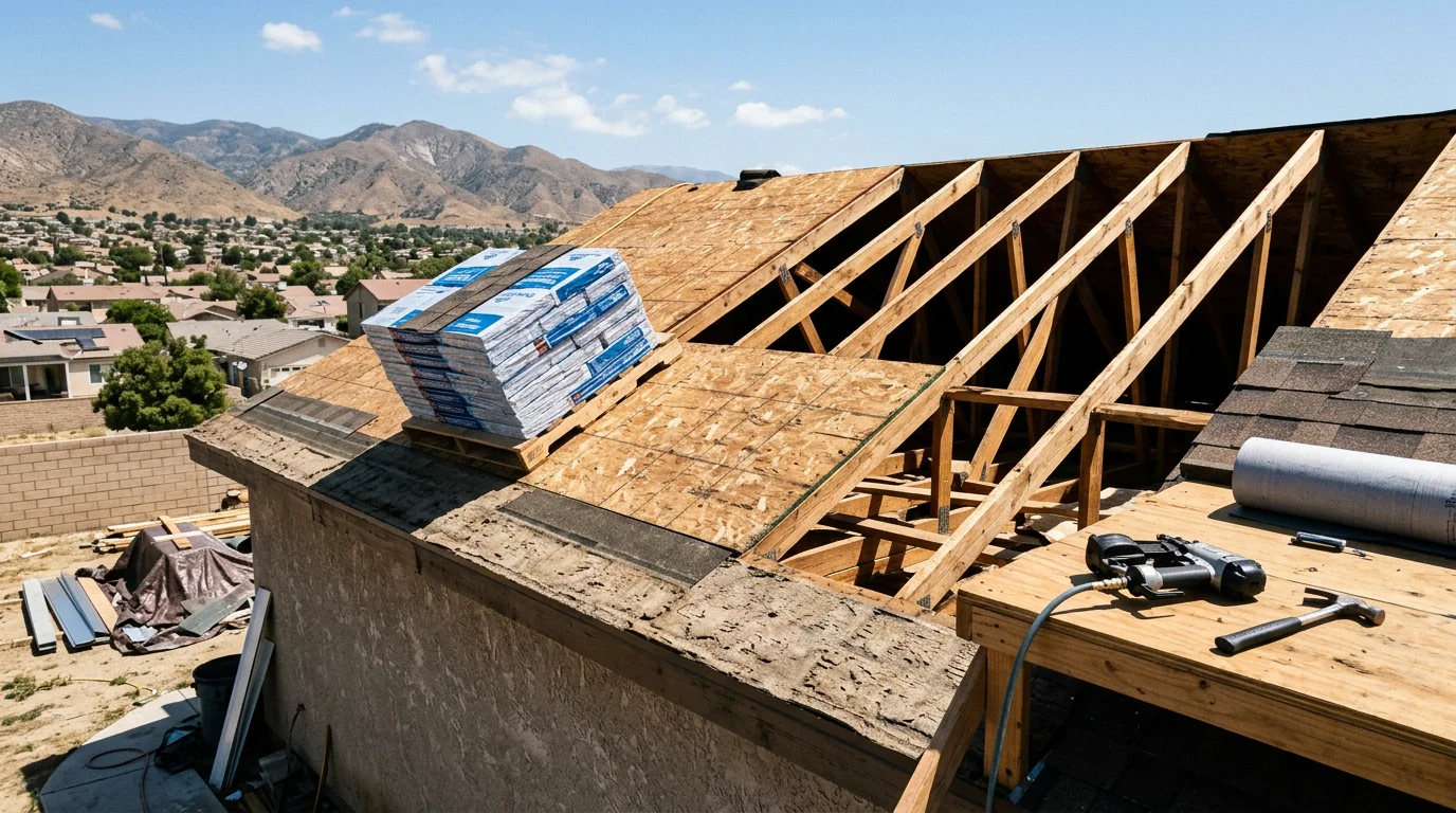 A newly completed residential roof installation on an Inland Empire home, showing clean roofline and fresh roofing material under clear Southern California sky. The surrounding neighborhood reflects typical Inland Empire tract housing with mountain terrain visible in the background.