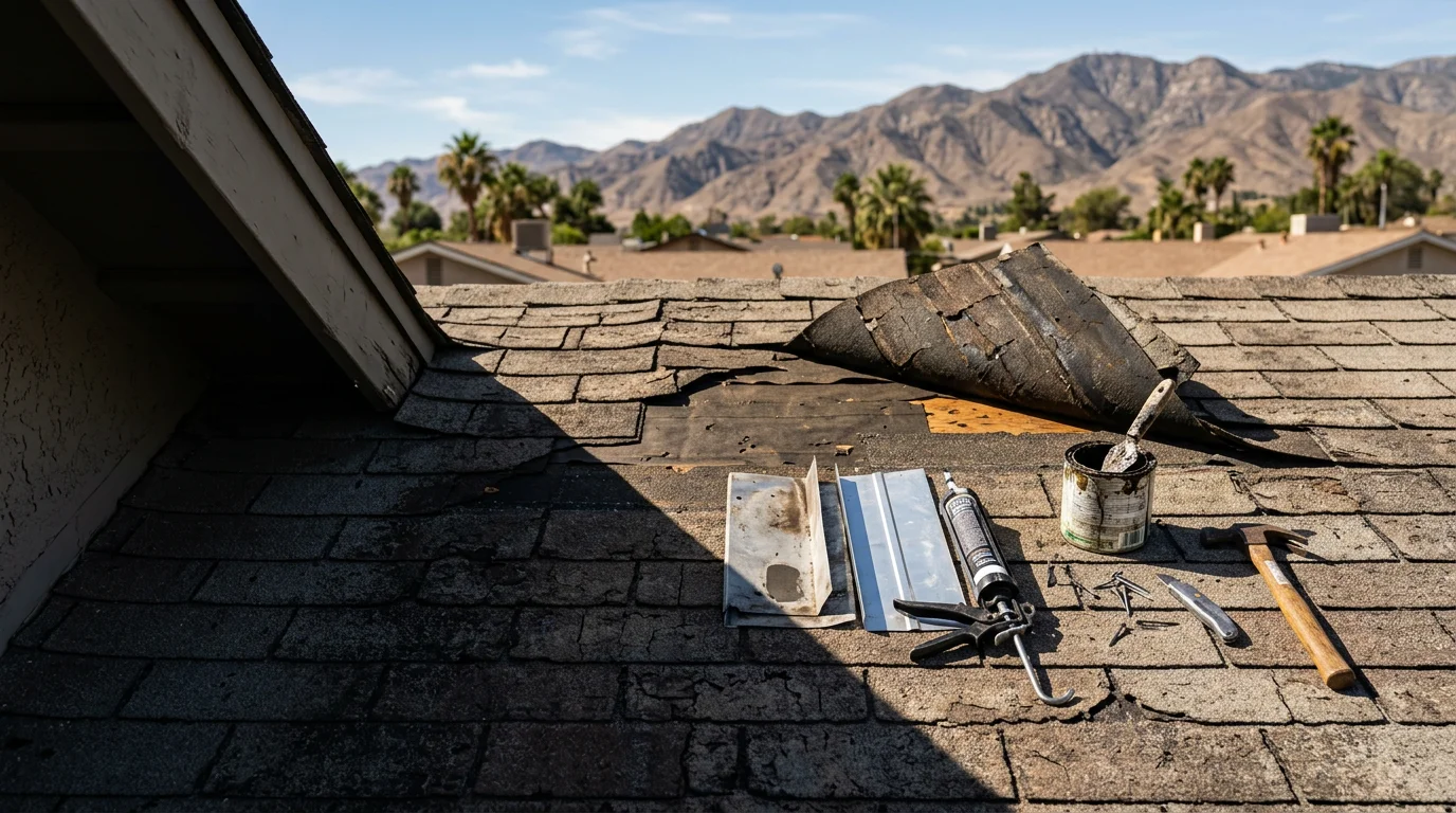 A repaired residential roof in the Inland Empire showing restored shingles and sealed flashing around a chimney. The surrounding area reflects the dry, sun-exposed conditions typical of San Bernardino valley neighborhoods.