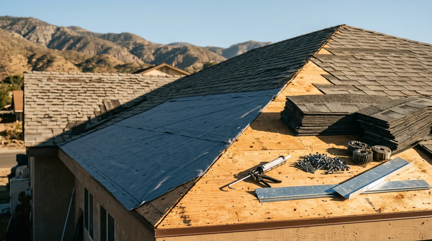 A freshly completed roof replacement on a single-story residential home in the Inland Empire, showing new roofing material and clean ridge line against a clear Southern California sky. The surrounding neighborhood reflects the typical stucco and tile construction common across the region.