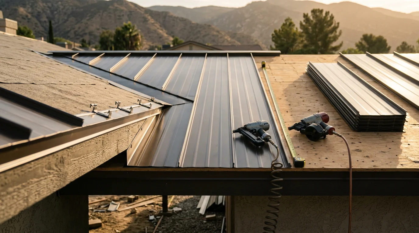 Completed standing seam metal roof installation on a residential property in the Inland Empire, showing vertical interlocking panels running from ridge to eave with no exposed fasteners. The roof reflects the region's strong sunlight against a backdrop of inland Southern California terrain.